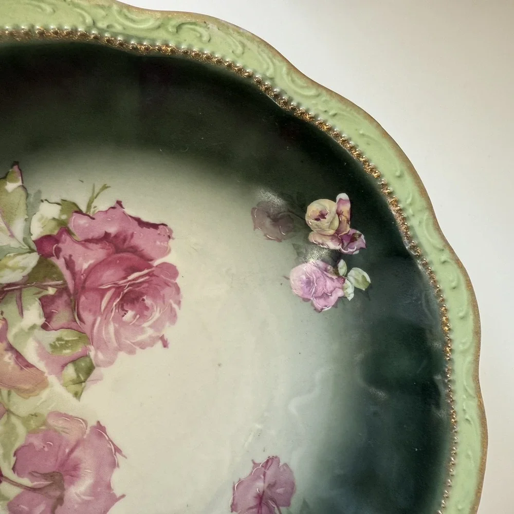 Three Crown China Germany Hand Painted Bowl Roses Gilt Edge‎ 9.5